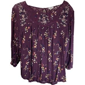 Mason & Belle Lace Neck Burgundy Floral Blouse (1X)